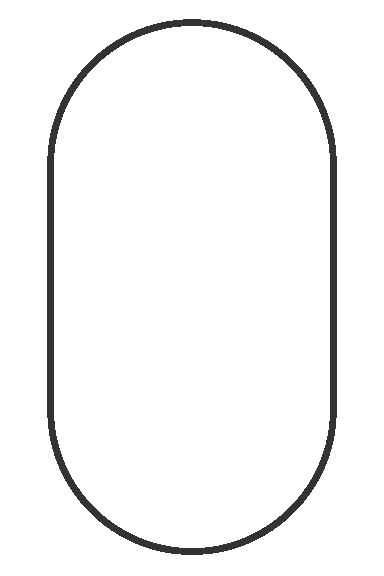 A simple black outline of a pill-shaped figure on a white background. The shape, reminiscent of a symbol often seen in veterinarian clinics, has rounded edges at the top and bottom and straight sides, forming a vertical oval-like figure.